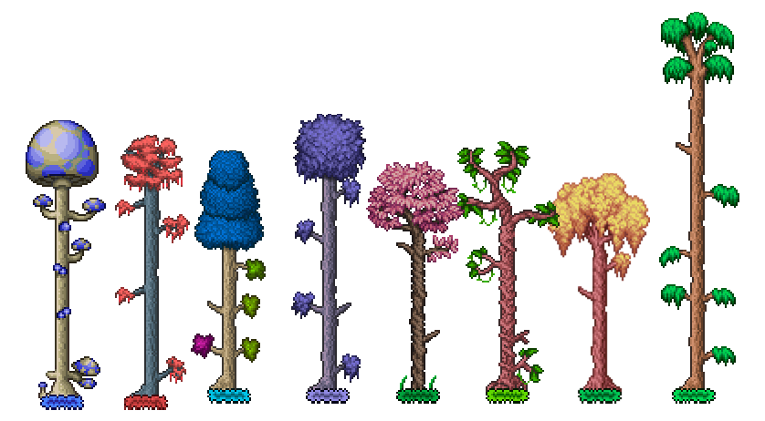 Várias árvores do terraria uma do lado da outra, cada uma de uma cor